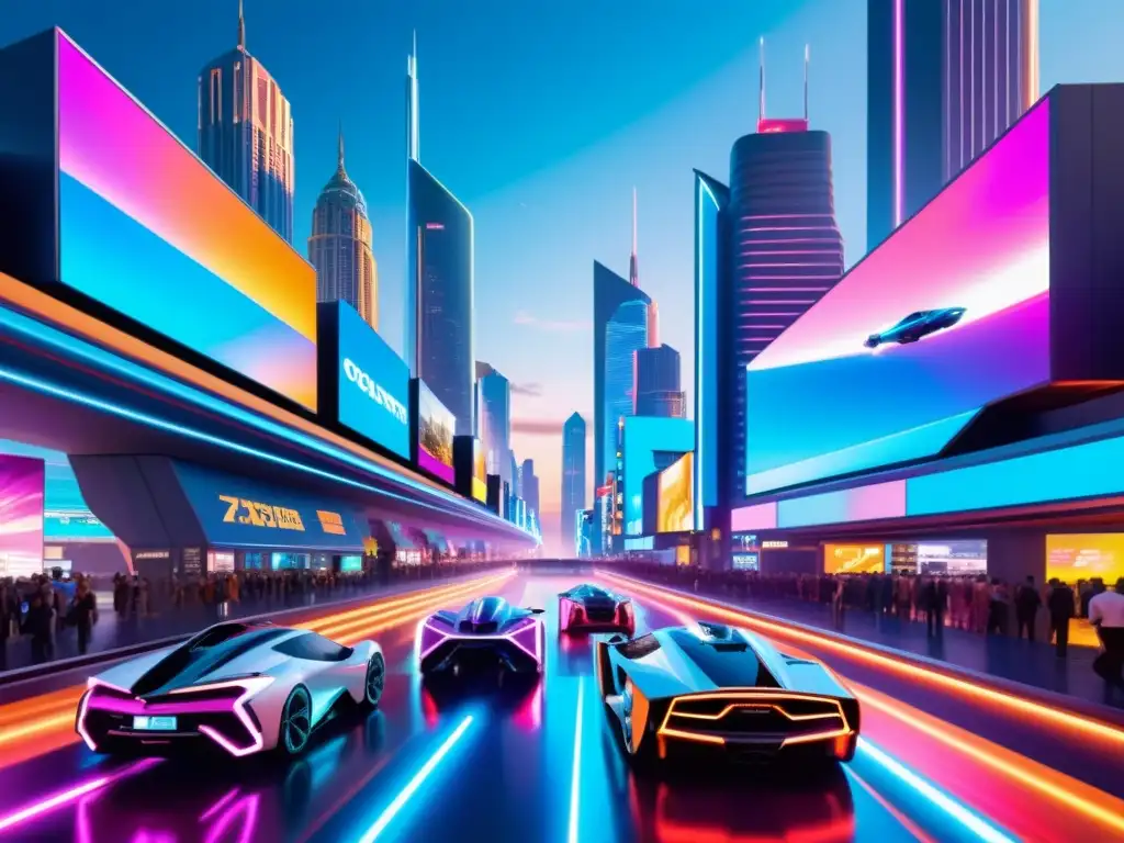 Debate futurista en la ciudad avanzada Vibrante ciudad futurista con rascacielos, hologramas y debates intensos, evocando la responsabilidad ética en universos paralelos