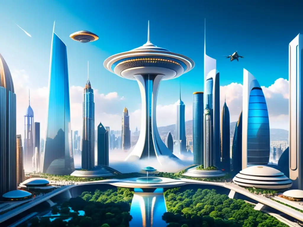 Metrópolis futurista: portales interdimensionales y turismo alienígena Vibrante ciudad futurista con rascacielos y portales brillantes, turismo interdimensional dilemas éticos