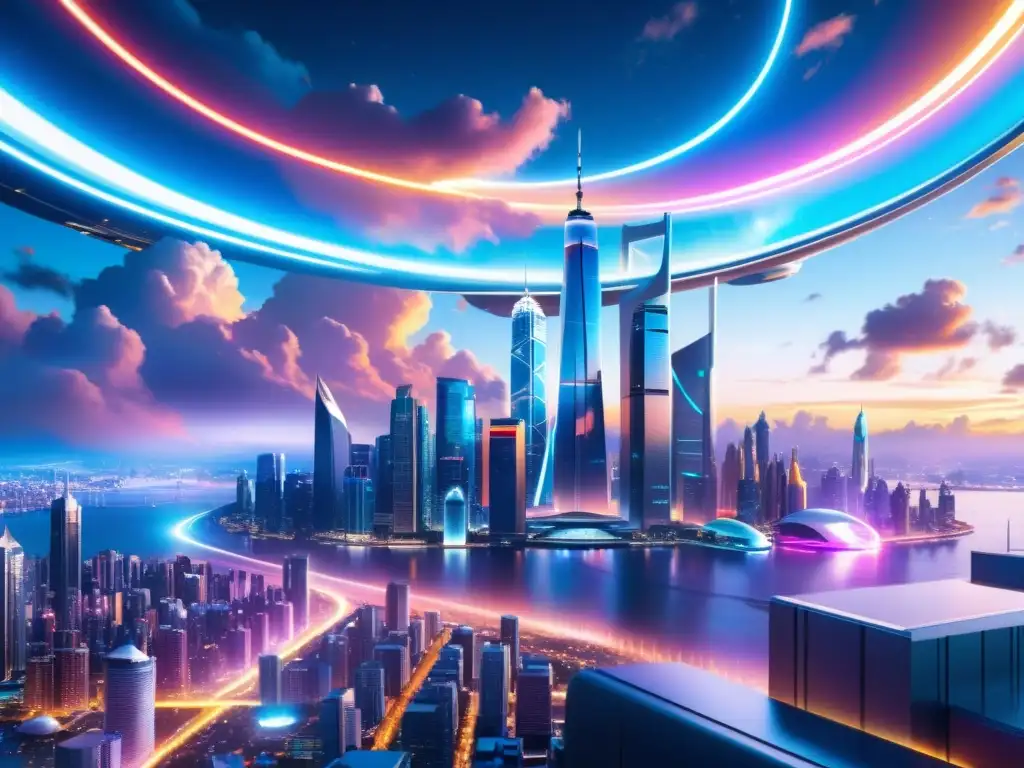 Metrópolis futurista 8k: luces de neón y tecnología avanzada Vibrante ciudad futurista con rascacielos curvos, luces de neón, tecnología avanzada y un cielo iridiscente, capturando la identidad humana en universos paralelos