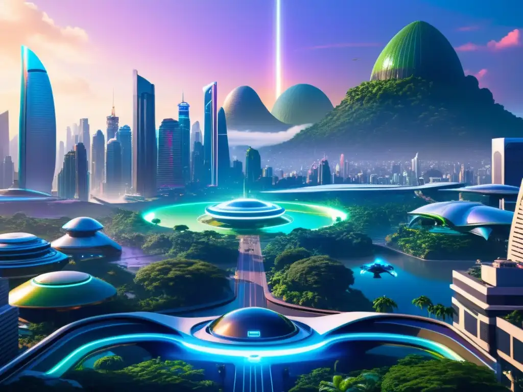 Metrópolis futurista en jungla alienígena Vibrante ciudad futurista con rascacielos, hologramas y criaturas alienígenas