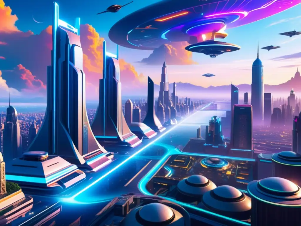 Metrópolis futurista: cielos en movimiento y tecnología avanzada Vibrante ciudad futurista con rascacielos, vehículos voladores y anuncios holográficos, bañada en un cálido resplandor
