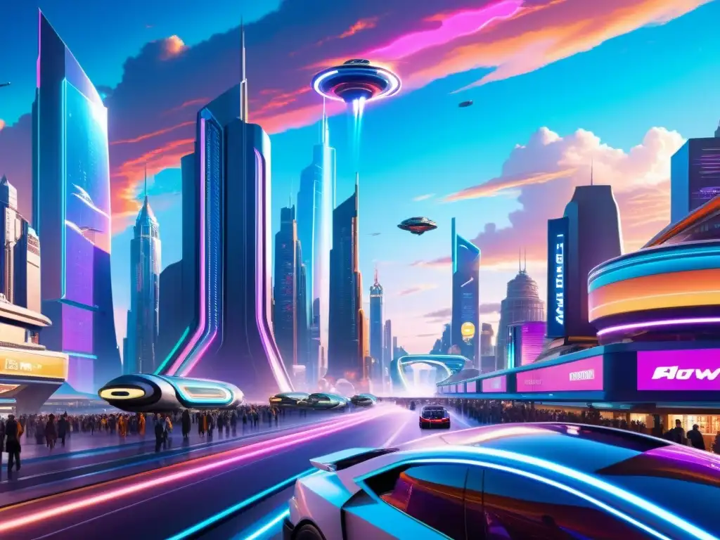 Metrópolis Futurista: Viaje Interdimensional y Tecnología Avanzada Vibrante ciudad futurista con rascacielos, autos voladores y anuncios holográficos, reflejando el destino en viajes interdimensionales