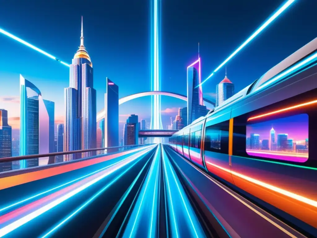 Metrópolis Futurista: Luces y Tecnología Avanzada Vibrante ciudad futurista con rascacielos y tecnología avanzada, evocando viajes interdimensionales en Rick and Morty