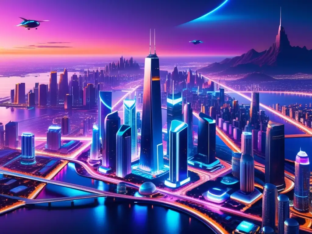 Vibrante ciudad futurista con rascacielos, vehículos voladores y tecnología avanzada