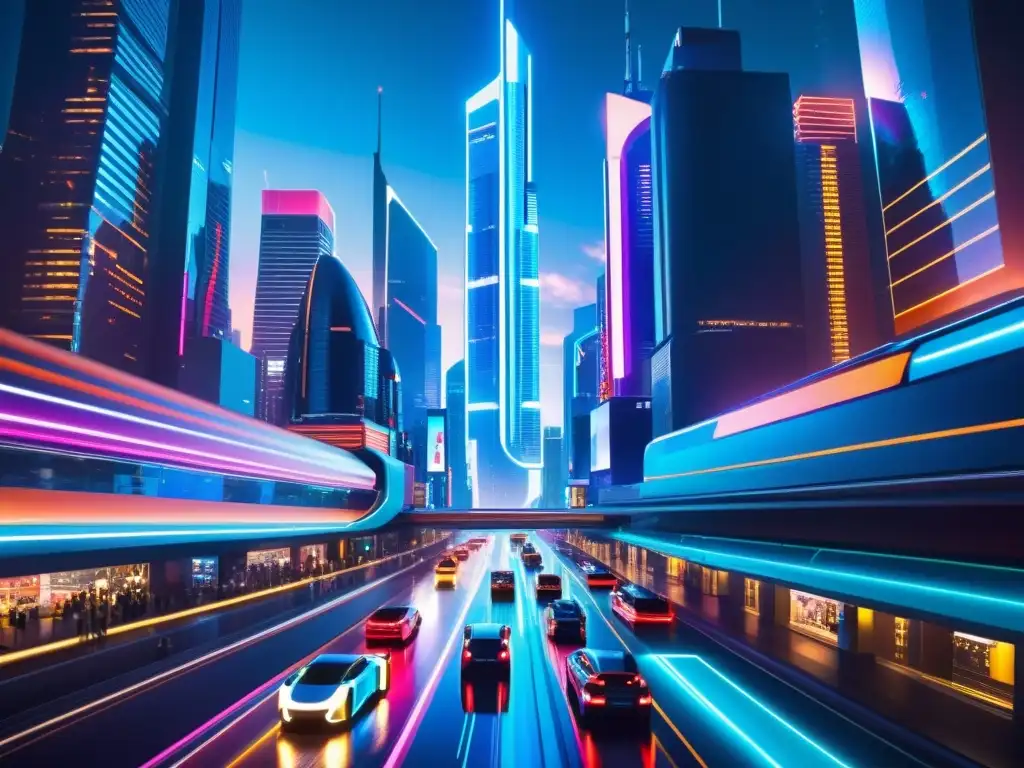 Metrópolis futurista: luces neón y rastros luminosos en la noche Vibrante ciudad futurista de 'Saltos temporales en Erased', con rascacielos iluminados por luces neón y vehículos voladores