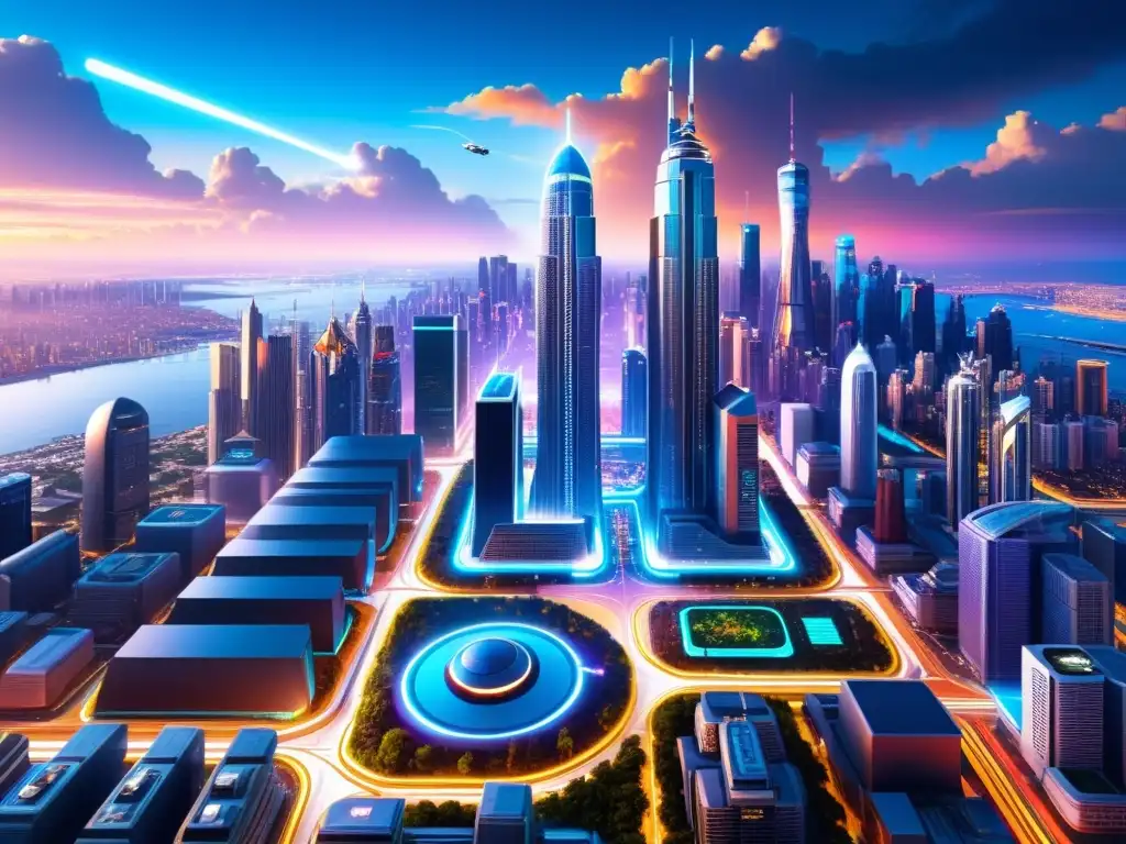 Metrópolis futurista: luces neón y tecnología avanzada Vibrante ciudad futurista con tecnología avanzada, luces de neón y androides, evocando conciencia en universos alternativos