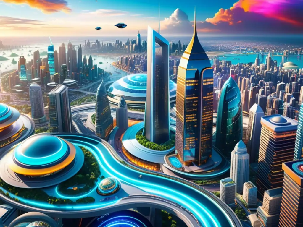 Metrópolis futurista en 8k con universos paralelos Vibrante ciudad futurista con universos paralelos en His Dark Materials