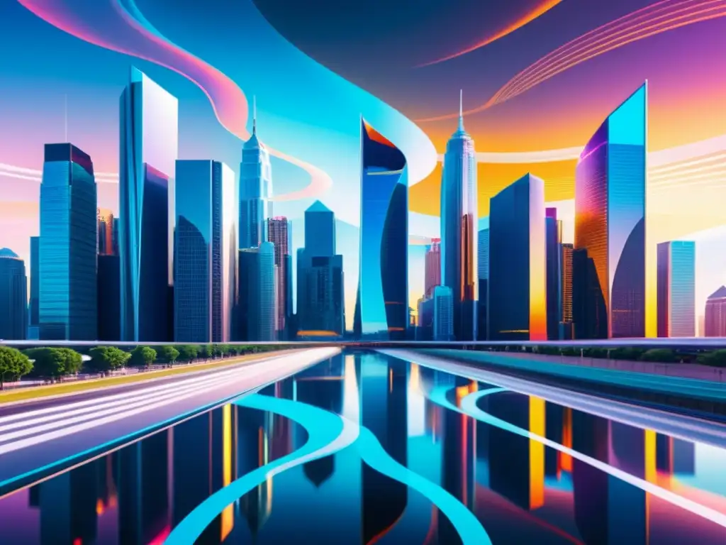 Metrópolis Cuántica: Universos Paralelos Vibrante ciudad futurista con universos paralelos entrelazados, reflejando la influencia de la mecánica cuántica