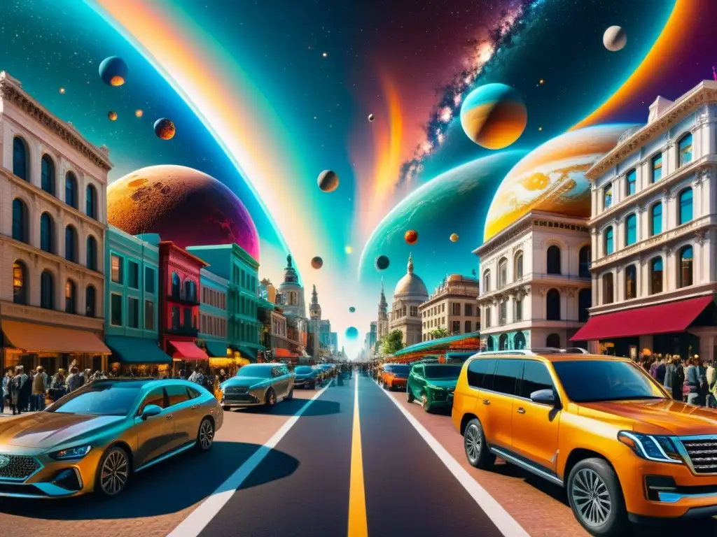 Universos paralelos se fusionan en una ciudad vibrante Vibrante convivencia interdimensional en La ciudad y la ciudad: dos universos fusionándose con arquitectura detallada y escenas urbanas vibrantes