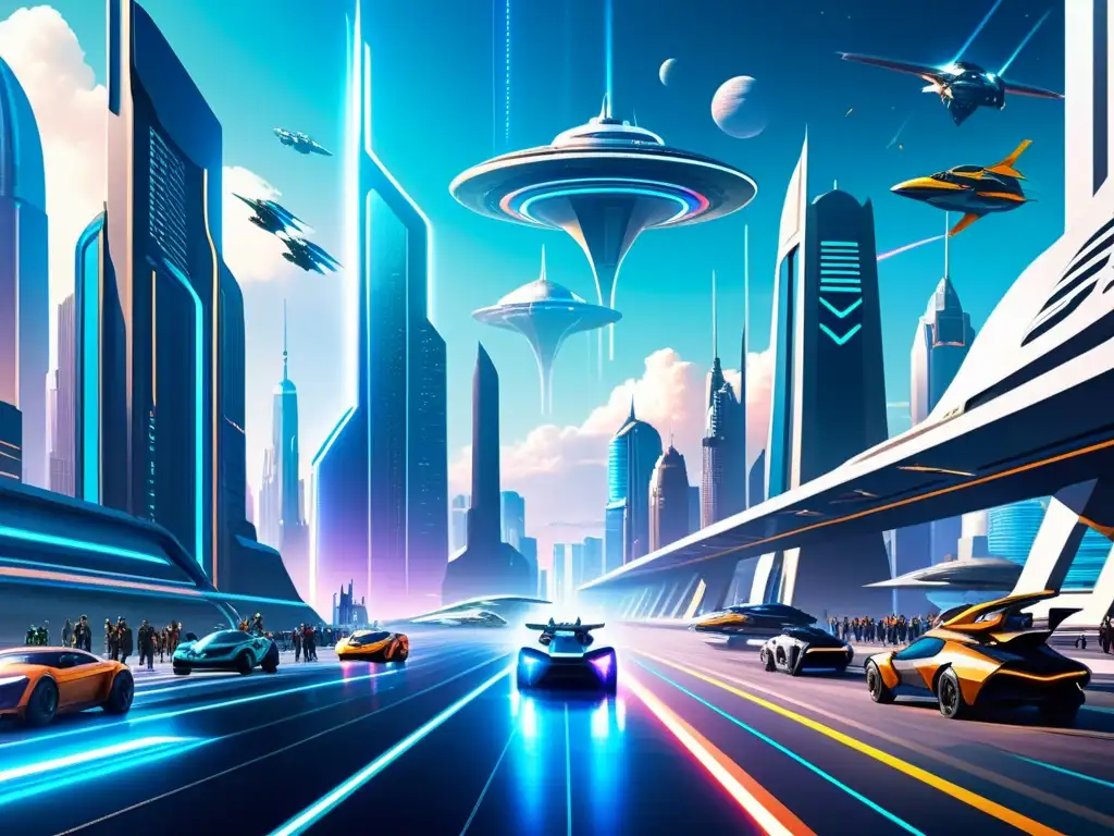Vibrante ilustración digital de una ciudad futurista con rascacielos, vehículos voladores y anuncios holográficos