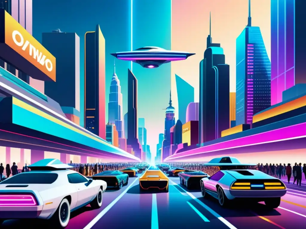 Metrópolis futurista multiversal: ilustración digital ultradetallada Vibrante ilustración digital de una metrópolis futurista, con rascacielos, autos voladores y anuncios holográficos