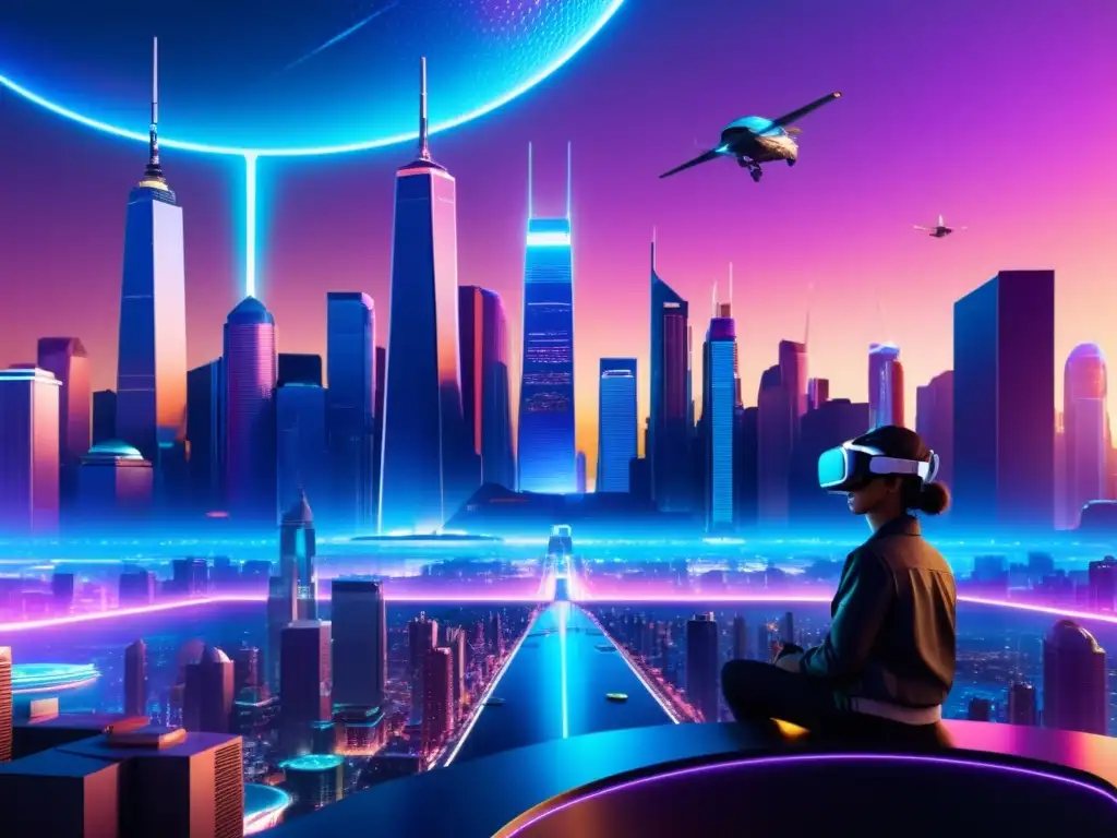 Metrópolis del Futuro: Paisaje Virtual en 8k Vibrante paisaje sonoro de realidad virtual con rascacielos futuristas, calles bulliciosas y vehículos voladores en suaves luces neón