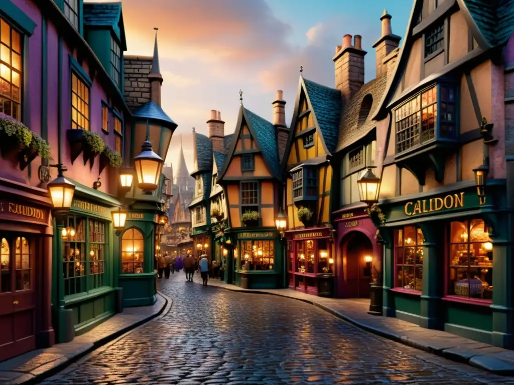 Diagon Alley: Magia y Encanto en Ilustración Digital Vibrante Diagon Alley de Harry Potter, con tiendas mágicas y encantador ambiente de universos paralelos en Harry Potter
