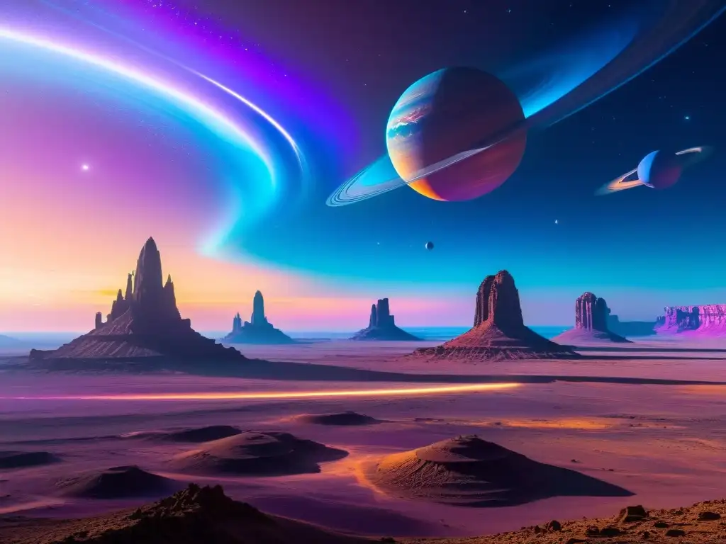 Exploración interdimensional: maravilla y misterio Visiones interdimensionales en El fin de la infancia: paisaje alienígena con majestuosas estructuras metálicas y una nave espacial colosal