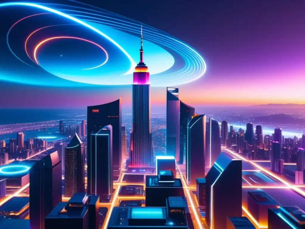 Metropolis futurista en 8K: Portales iridiscentes en la ciudad Vista asombrosa de una ciudad futurista con rascacielos metálicos que reflejan luces neón, rodeada de portales iridiscentes