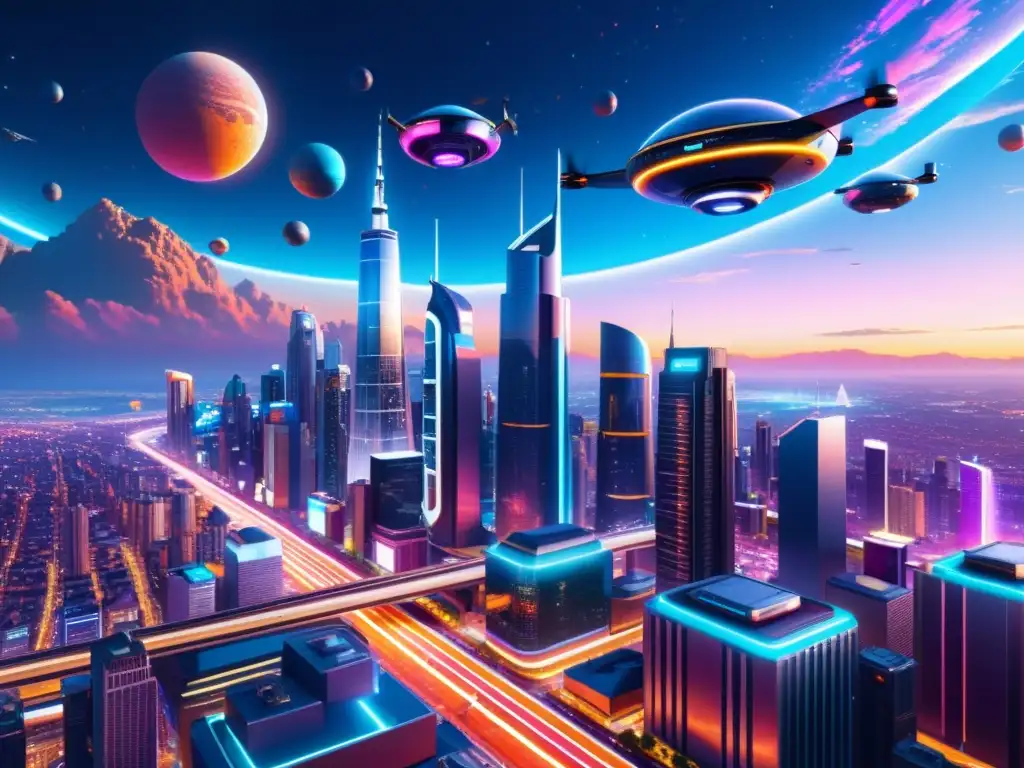 Metrópolis futurista: rascacielos, luces de neón y vehículos voladores Vista de una ciudad futurista en 8k con rascacielos, luces de neón, coches voladores y drones, evocando el eterno retorno