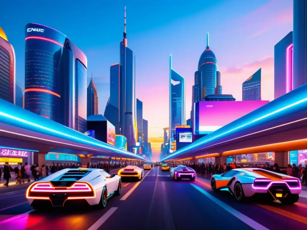 Metrópolis futurista: luces neón y autos voladores Vista de una ciudad futurista al anochecer con rascacielos iluminados por luces de neón y anuncios holográficos