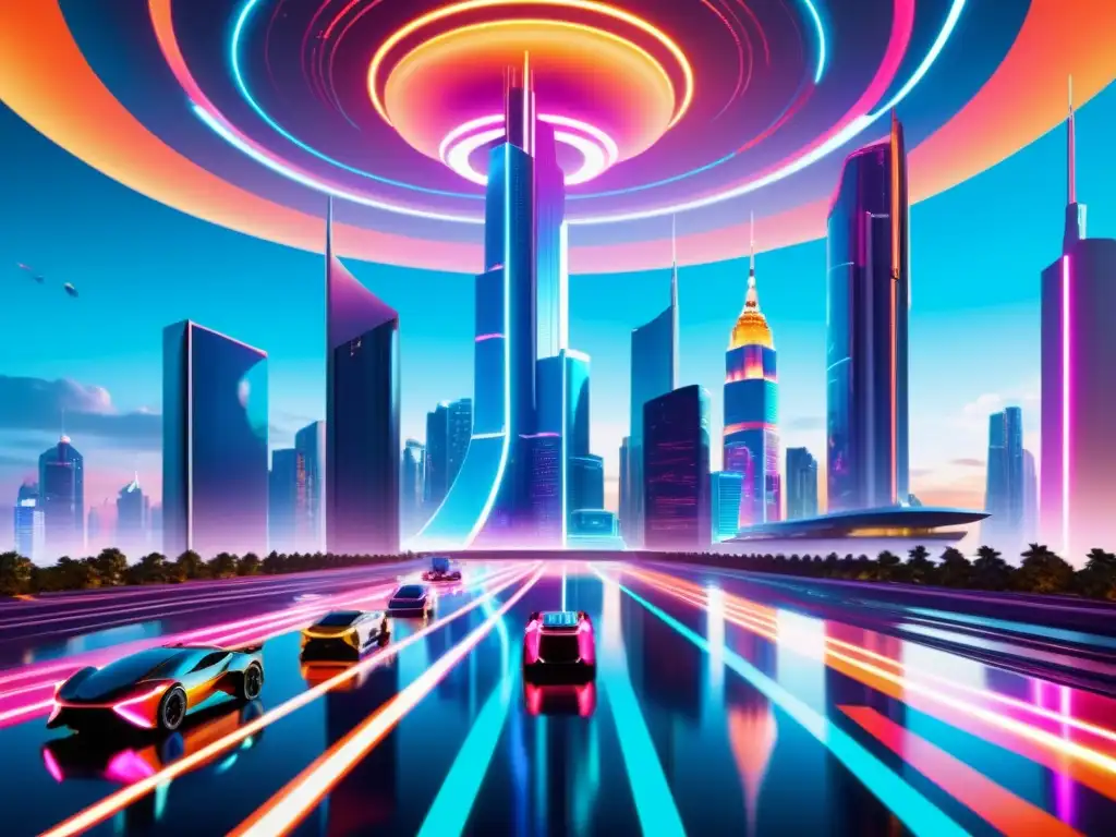 Debate ético en ciudad futurista multidimensional Vista de una ciudad futurista con rascacielos, hologramas y debates sobre ética en viajes interdimensionales