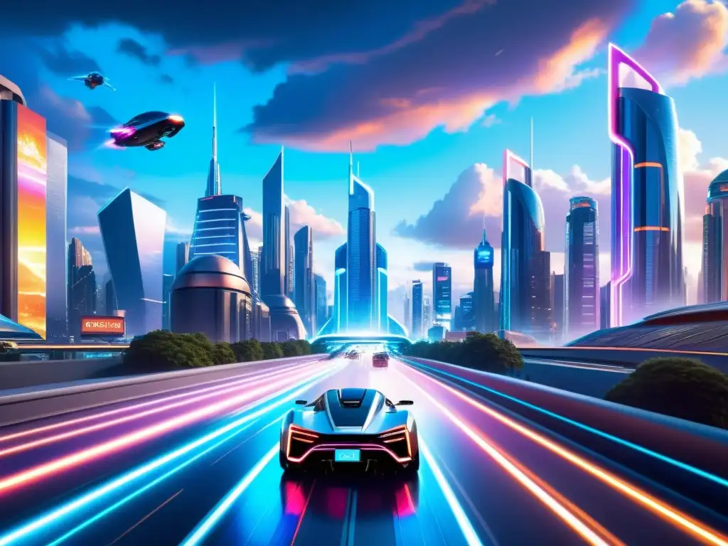 Metrópolis futurista: luces neon, robots y coches voladores Vista de la ciudad futurista con rascacielos, autos voladores y robots, rodeada de un campo de fuerza con paisajes alienígenas