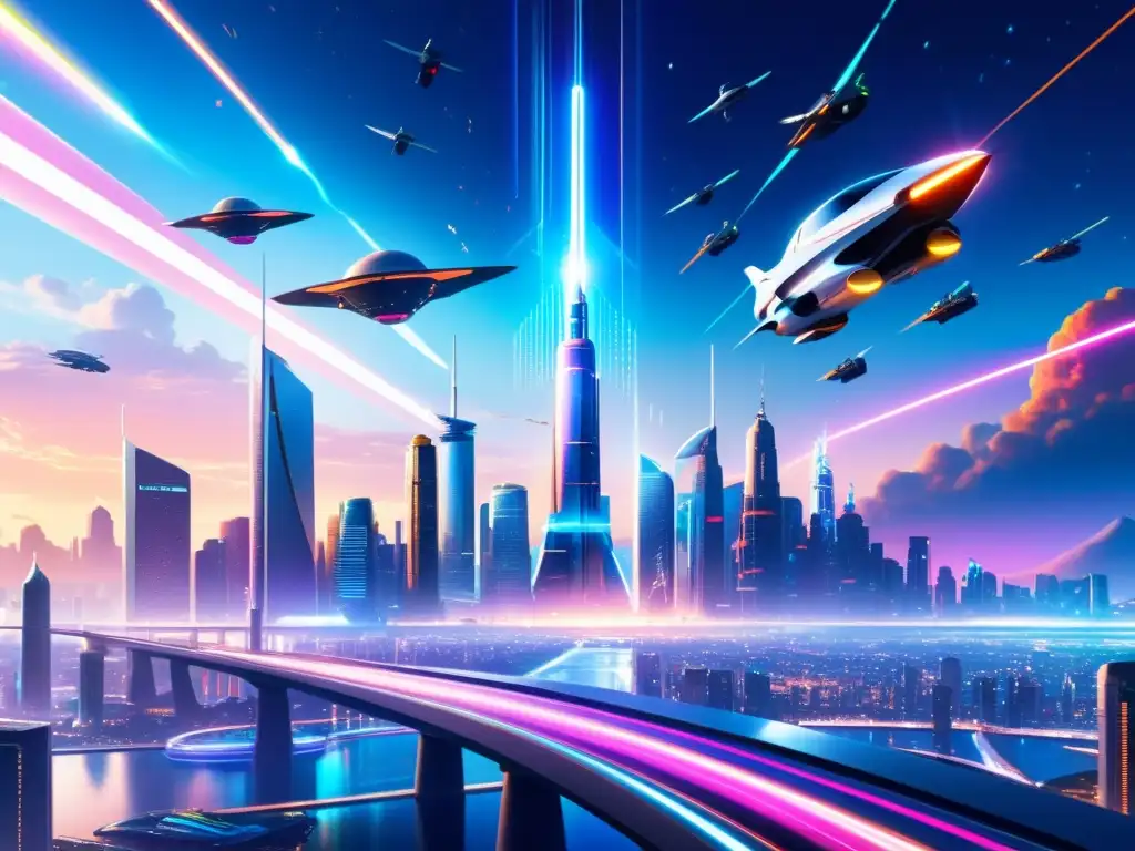 Metrópolis futurista: ciencia ficción y tecnología avanzada Vista de la ciudad futurista con rascacielos, hologramas y coches voladores