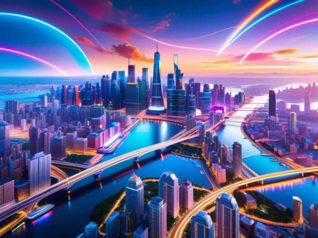Vista de una ciudad futurista con rascacielos, vehículos en el cielo y paisaje alienígena