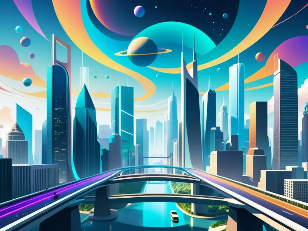 Metrópolis futurista interdimensional: ciudad, puentes y energía cósmica Vista de ciudad futurista con rascacielos interconectados en múltiples realidades y tecnología avanzada