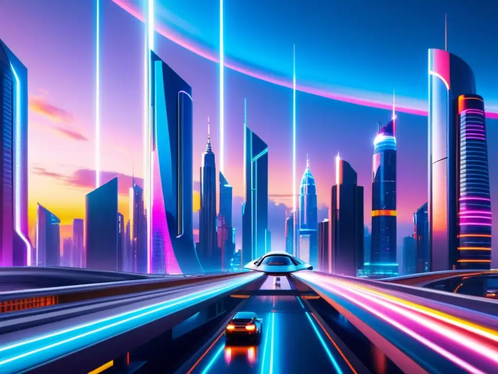Metrópolis Futurista: Luces de neón y tecnología avanzada Vista de la ciudad futurista con tecnología avanzada y consecuencias de alterar el pasado en viajes interdimensionales