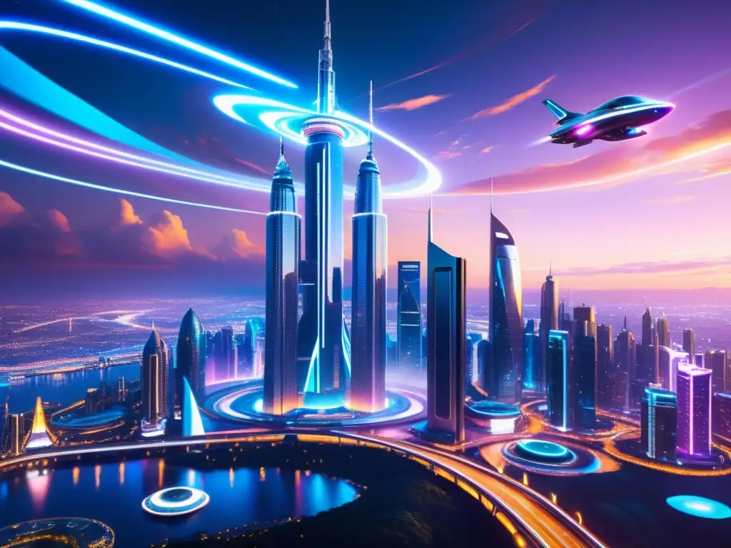Metrópolis futurista con energía iridiscente Vista de una conexión interdimensional en Jodorowsky: una ciudad futurista bañada en luces neón, con rascacielos, naves espaciales y figuras místicas