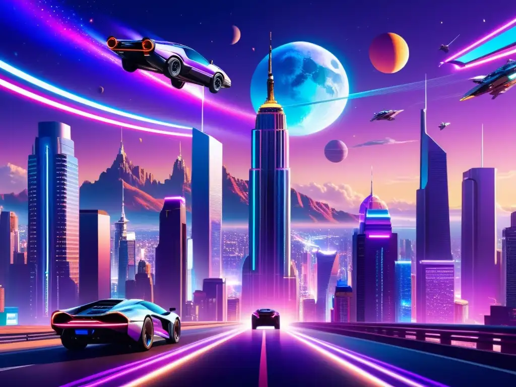 Metrópolis Futurista: Luces y Emoción en Ciudad Interdimensional Vista de una deslumbrante metrópolis futurista con rascacielos, tecnología avanzada y paisaje interdimensional en la ciencia ficción