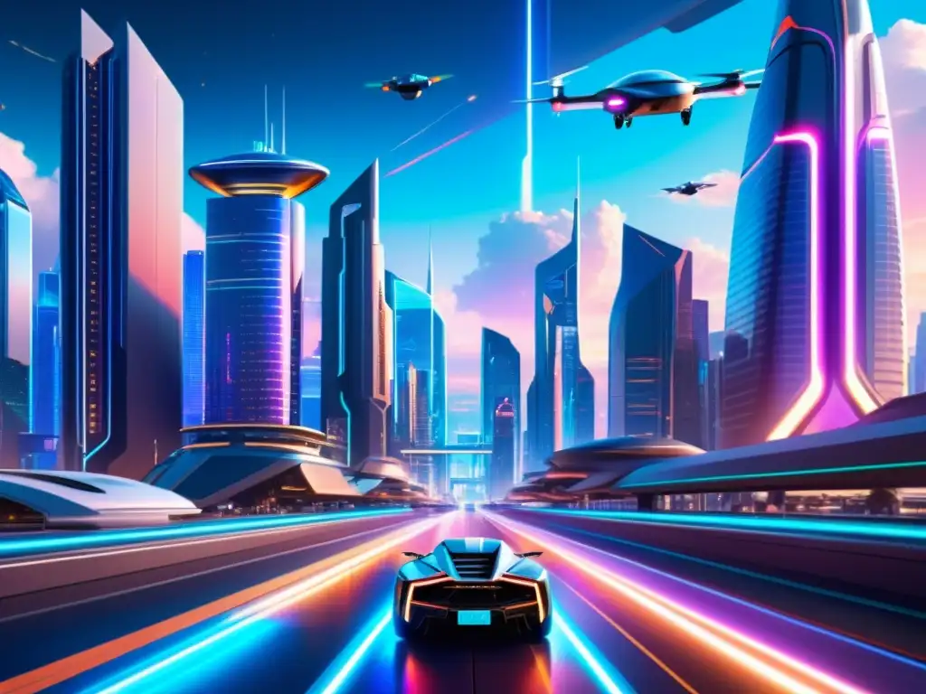 Metrópolis futurista con rascacielos y coches voladores Vista detallada de una ciudad futurista con rascacielos, coches voladores y luces de neón, evocando la física cuántica en cómics alternativos