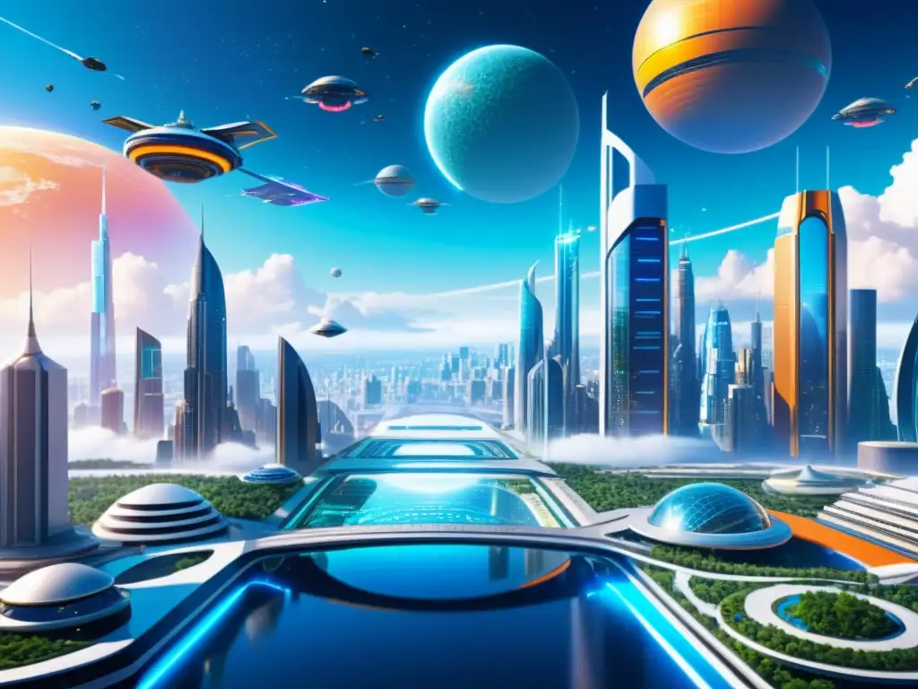 Metrópolis futurista con tecnología avanzada y dimensiones interconectadas Vista detallada de una ciudad futurista interdimensional con plataformas flotantes, rascacielos y tecnología avanzada