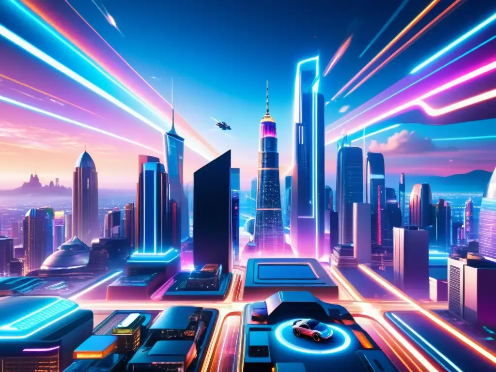 Metrópolis futurista: ciudad en 8k con luces de neón y autos voladores Vista detallada de una ciudad futurista en 8k con rascacielos imponentes y luces de neón
