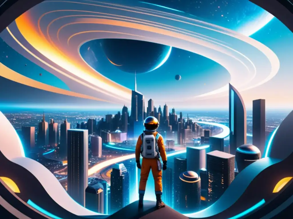 Explorando Universos Paralelos: Ciudad Futurista en 8k Vista detallada de una ciudad futurista en la teoría de universos paralelos Dirac, con arquitectura única y energía en el cielo