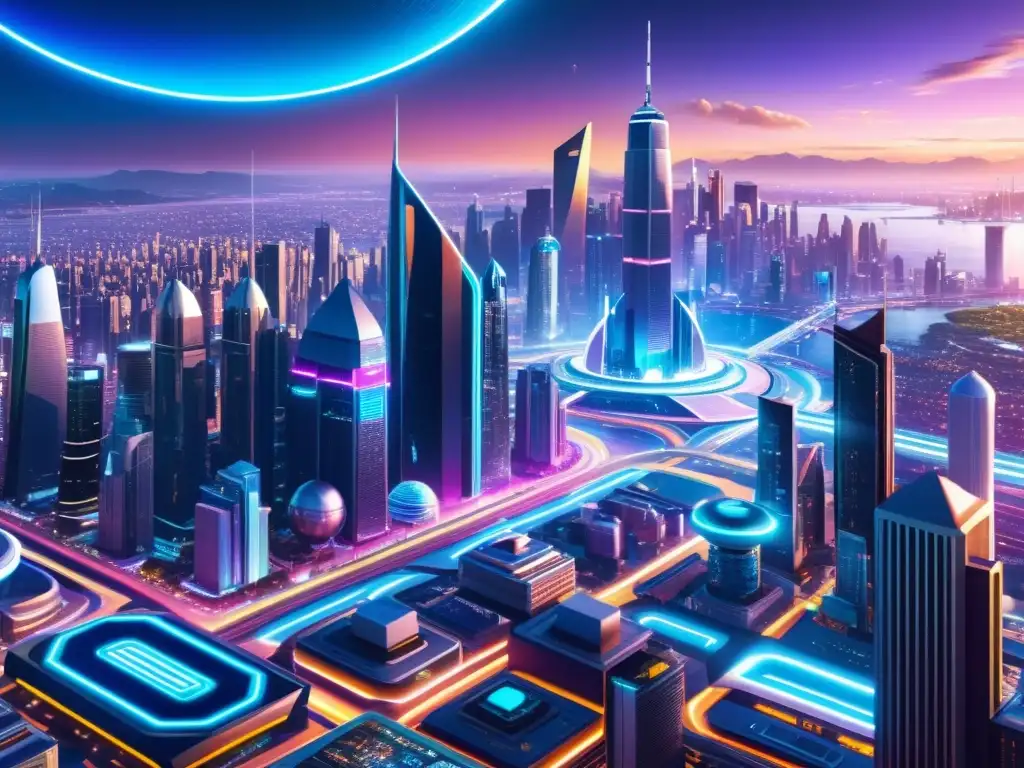 Metrópolis Interdimensional: Ciudad Futurista Multidimensional Vista detallada de una ciudad interdimensional futurista con tecnología avanzada y elementos de otro mundo, transmitiendo emoción y maravilla