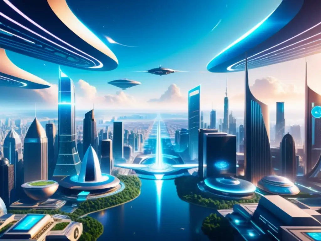 Cityscape futurista con portales interdimensionales Vista detallada de una futurista ciudad con portales interdimensionales, mostrando tecnología avanzada y la interdimensionalidad en la ciencia ficción