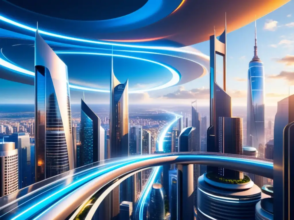 Metrópolis Futurista: Interdimensional Sci-Fi Vista futurista de una ciudad interdimensional en la ciencia ficción, con rascacielos, vehículos voladores y energía resplandeciente