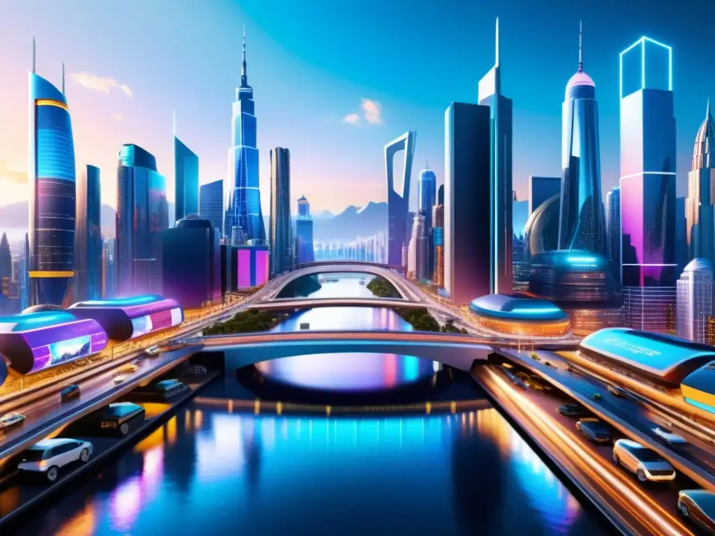 Metrópolis futurista en el multiverso: hologramas y rascacielos Vista futurista de una ciudad y paisajes de múltiples universos, ilustrando la matemática detrás dimensiones alternas
