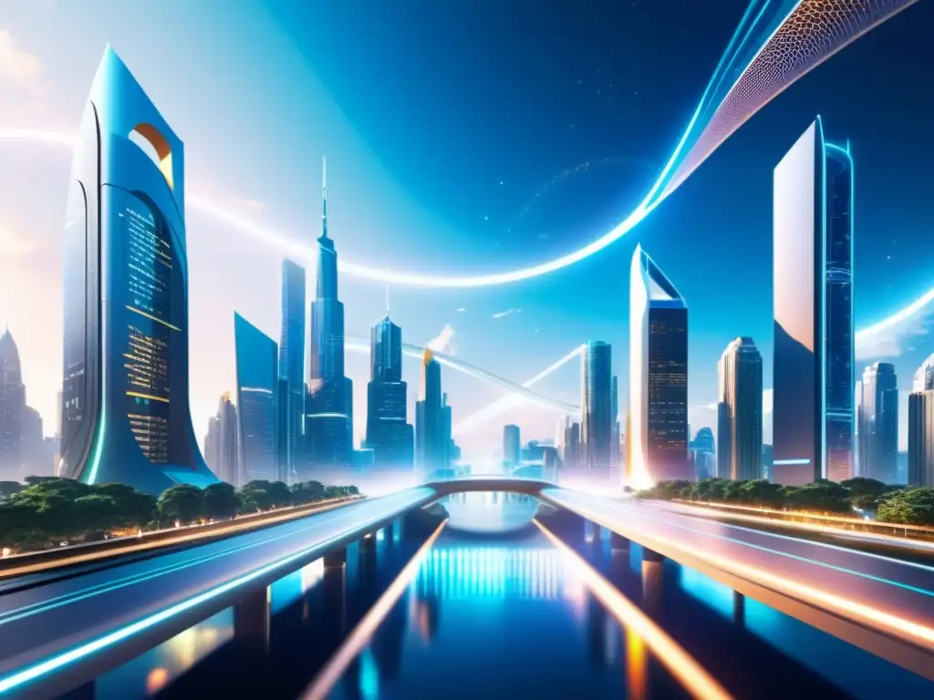 Metrópolis futurista con portales dimensionales Vista futurista de una ciudad con rascacielos relucientes y puentes luminosos, vehículos flotantes y portales a universos paralelos