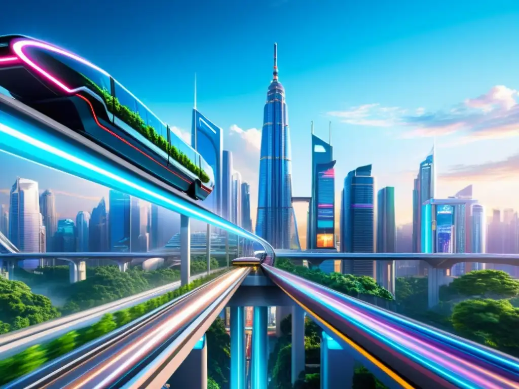 Metrópolis Futurista: Luces y Tecnología Vista futurista de la ciudad con rascacielos, tecnología avanzada y naturaleza, evocando el futuro de la humanidad en universos paralelos