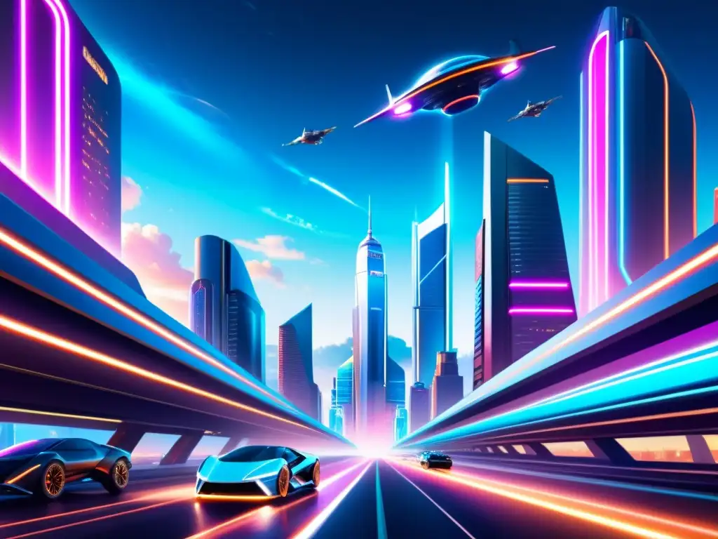 Metrópolis futurista: portales hacia universos paralelos Vista futurista de una ciudad con rascacielos, anuncios holográficos, coches voladores y portales a universos paralelos