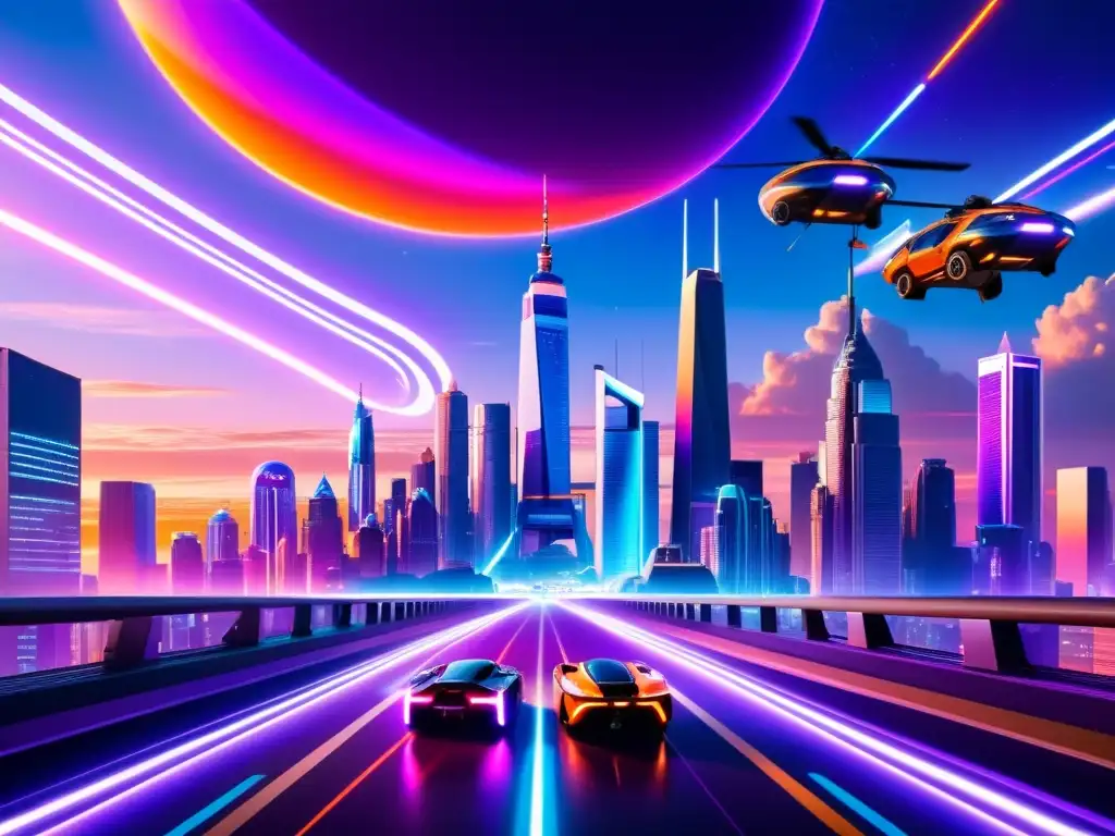 Vista futurista de una ciudad con rascacielos iluminados por luces de neón, vehículos voladores y un holograma de manipulación tiempo espacio en un atardecer de colores púrpura y naranja