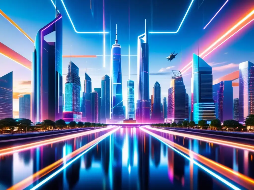 Metrópolis futurista: luces de neón y tecnología avanzada Vista futurista de una ciudad con rascacielos, luces de neón y vehículos voladores