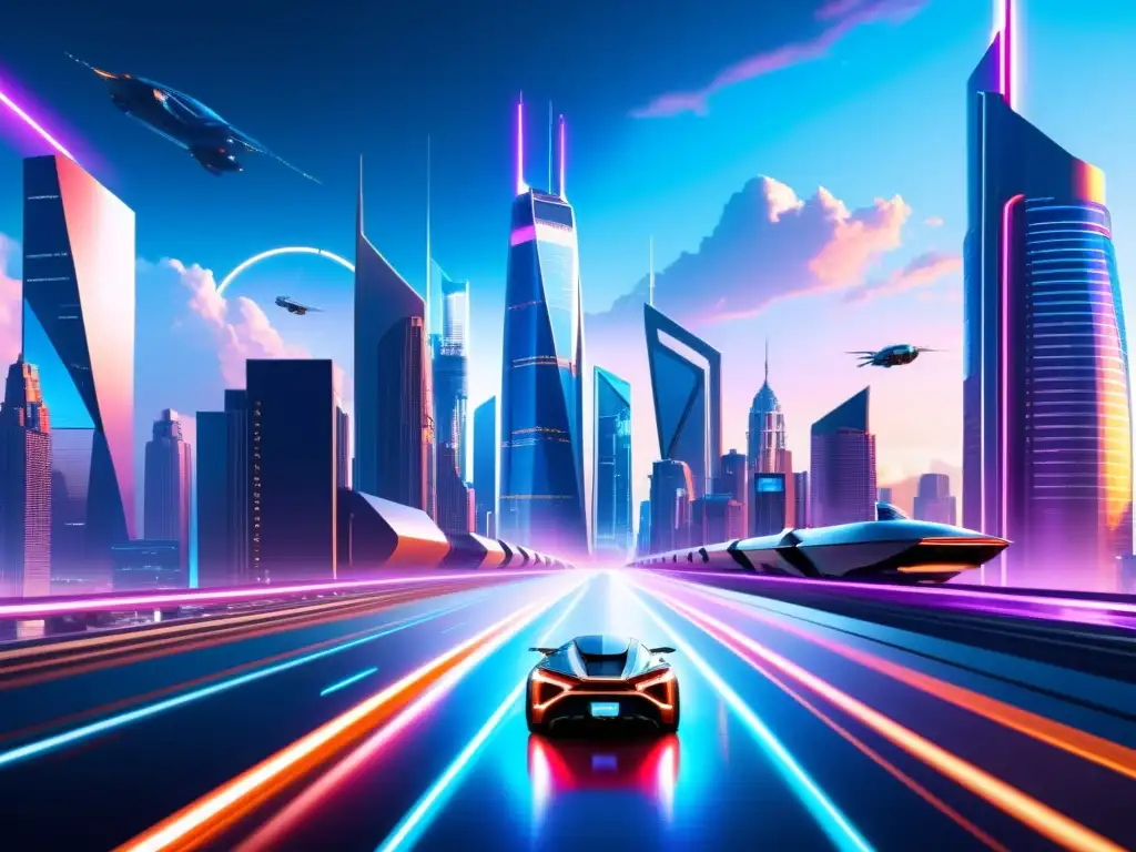 Metrópolis futurista: rascacielos, vehículos y portales interdimensionales Vista futurista de una ciudad con rascacielos interconectados y vehículos flotantes entre edificios