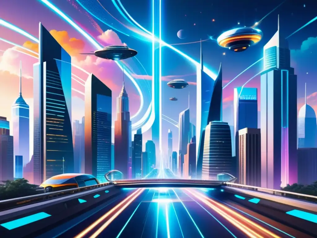 Metrópolis Futurista: Tejedor de Realidades Vista futurista de la ciudad con rascacielos y vehículos voladores, inspirada en 'El tejedor de realidades' de Stephen Baxter