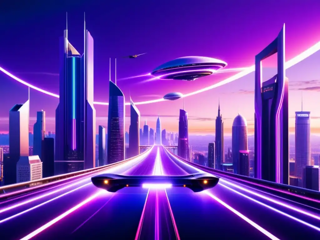 Metrópolis futurista: exploración tecnológica Vista futurista de una ciudad con rascacielos, puentes brillantes y autos voladores, reflejando la singularidad tecnológica y el descubrimiento de universos