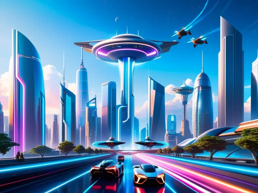 Metrópolis futurista: ciencia ficción y tecnología avanzada Vista futurista de una ciudad con rascacielos, naves voladoras y hologramas, evocando un impactante descubrimiento tecnológico