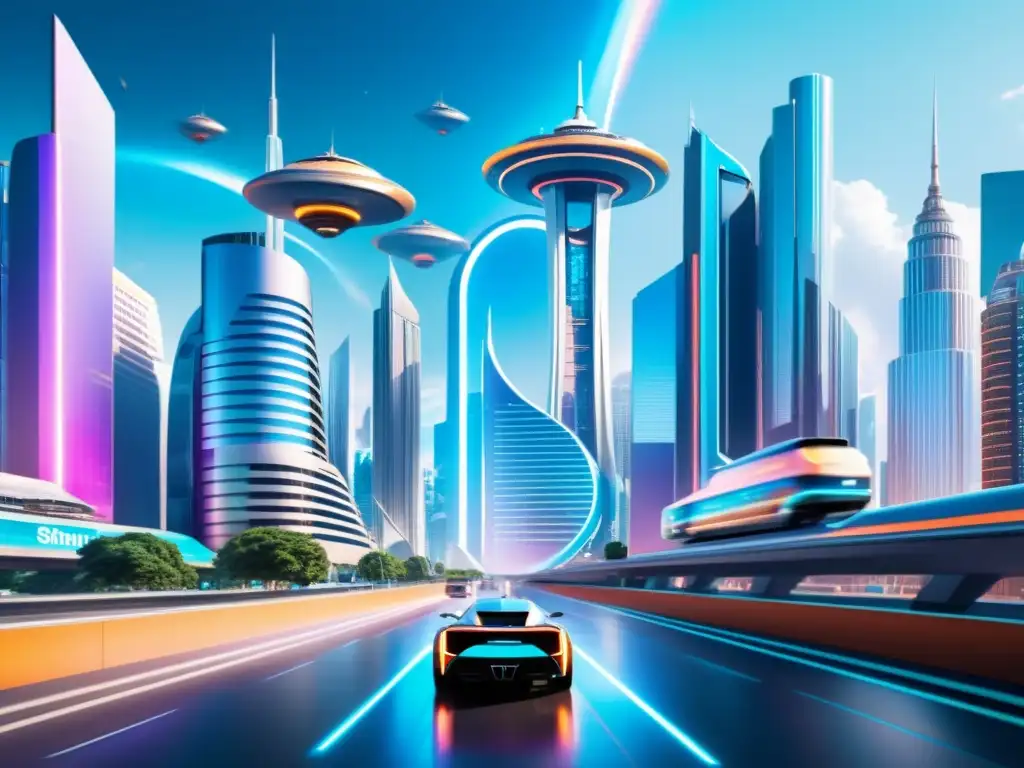 Metrópolis futurista: dimensiones alternas y viajes interdimensionales Vista futurista de una ciudad con rascacielos, vehículos metálicos y portales interdimensionales, irradiando un resplandor asombroso