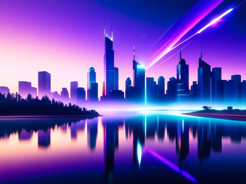 Metrópolis futurista: rascacielos brillantes y portales interdimensionales Vista futurista de una ciudad con rascacielos brillantes reflejados en un lago, vehículos voladores y un portal dimensional