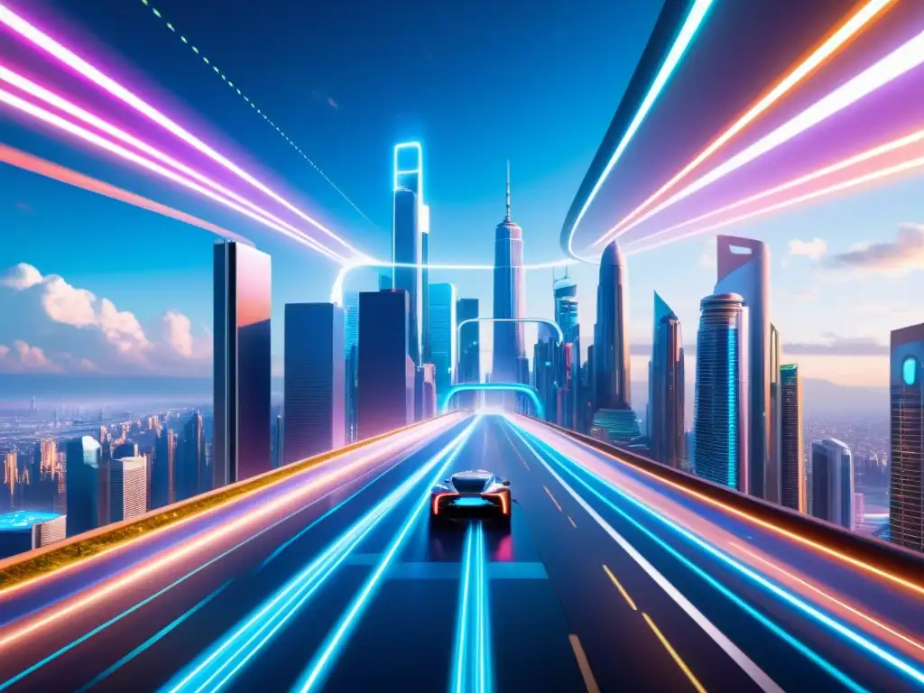 Vista futurista de la ciudad con rascacielos, hologramas y coches voladores, evocando la Teoría de Cuerdas Realidades Alternativas