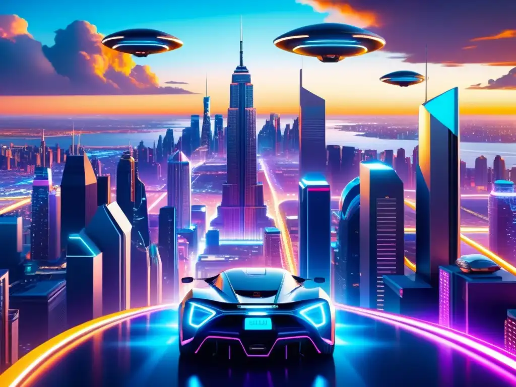 Metrópolis Futurista: Ciudad 8K con Rascacielos y Autos Voladores Vista futurista de la expansión del universo de Fringe, con rascacielos, autos voladores y tecnología avanzada integrada en la arquitectura